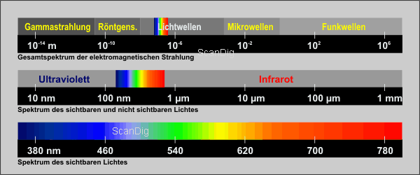 Sichbares Licht (ganz unten in der Grafik) hat eine Wellenlänge zwischen 380 und 780 nm